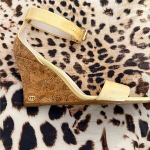 Gucci Cream Patent Leather Sandal Straps with Gold Buckles and Cork Wedge Heel